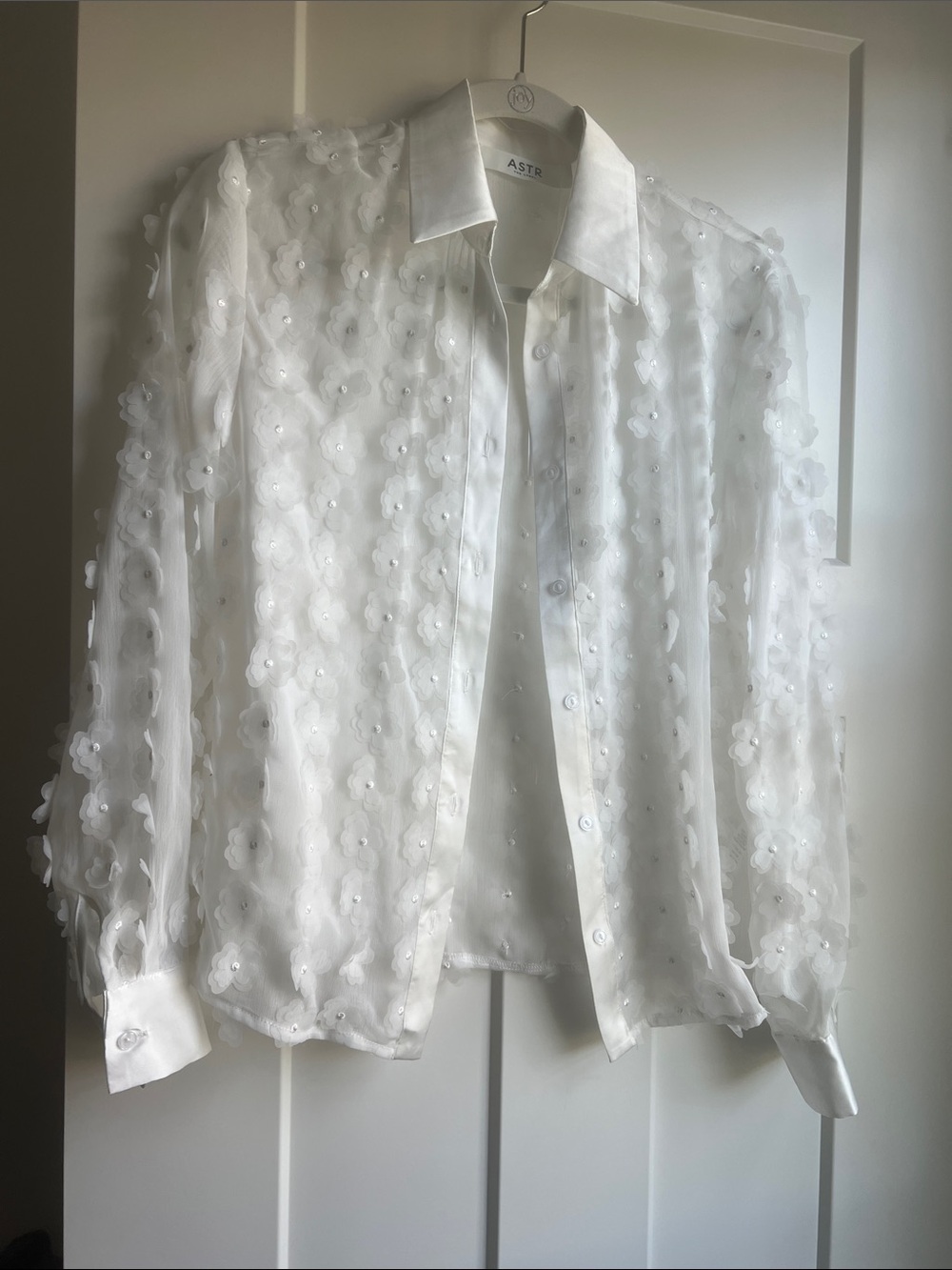 Astr White Sheer Floral Appliqué Button-Up Blouse